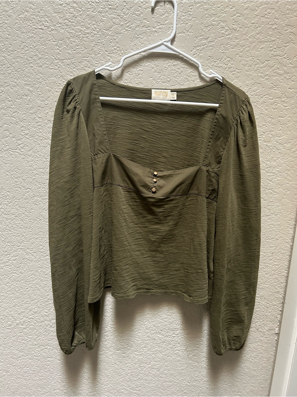 Nation LTD Pascale Square Neck Long Sleeve Top Olive Green